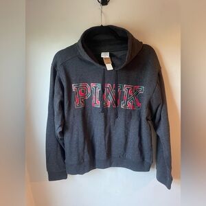 Victoria's Secret Pink NWT M Gray Plaid Campus Hoodie Red Gold Foil Logo Holiday